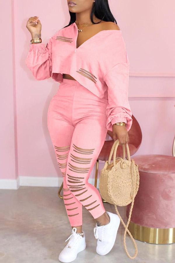 V-neck Solid Color Ripped Sporty Pants Suit