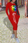 Colorful Lip Drawstring Pocket Midi Dress