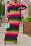 Colorful Striped V-neck Long Sleeve Maxi Dress