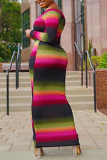 Colorful Striped V-neck Long Sleeve Maxi Dress