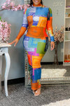 Multicolor High Neck Long Sleeve Maxi Dress