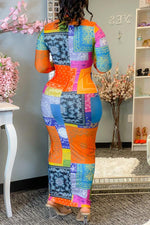 Multicolor High Neck Long Sleeve Maxi Dress