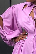 Shirt Collar Lantern Sleeve Cutout Tied Detail Buttoned Dress