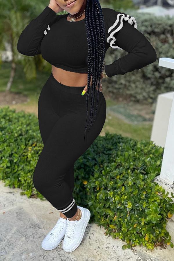 Striped Ruffle Sleeve Casual Sport Pants Suit