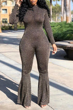 Glitter Striped Round Neck Long Sleeve Flare Plus Size Jumpsuit