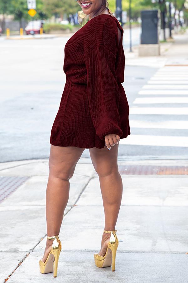 Solid Color Drawstring Knit Sweater Romper