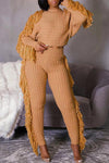 Solid Tassel Cable Knit Casual 2 Piece Pants Set