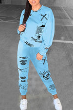 Street Fashion Print Pullover Sweatshirt & Pants Set