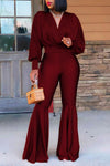 Sexy Solid V-neck Top & Flared Leg Pants Set