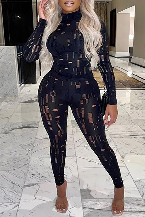 Chic High Neck Ripped Slim Fit Pants Suit
