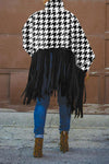Houndstooth Printed High Neck Tassel Plus Size Coat