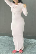 Stretchy Hooded Drawstring Plain Maxi Dress