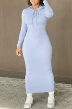 Stretchy Hooded Drawstring Plain Maxi Dress