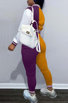 Contrast Colorblock Pocketed Baseball Jacket & Pants Set