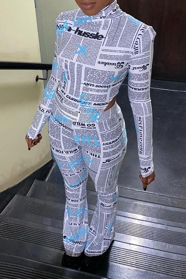 Chic Newspaper Printed High Neck Flared Pants Set