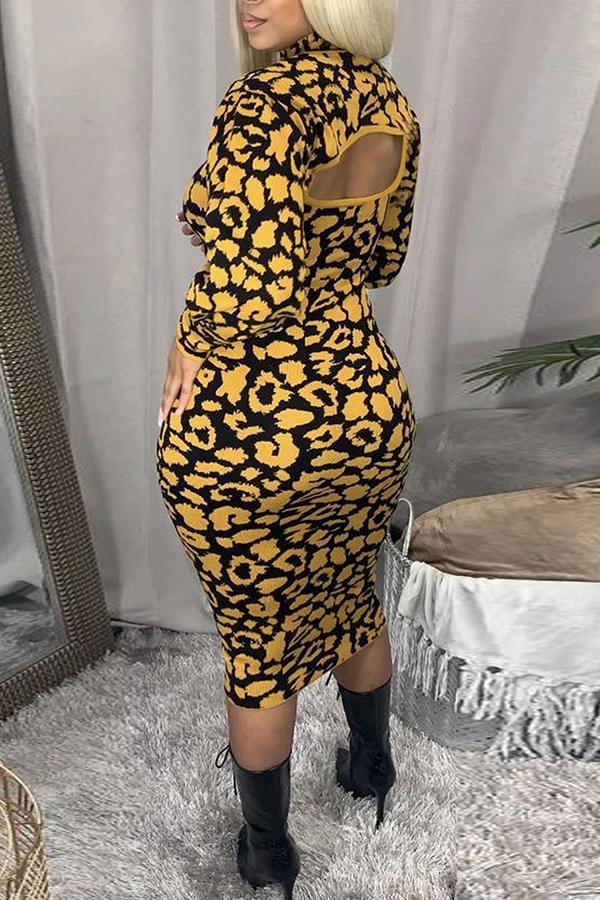 Cutout Leopard Print High Neck Midi Dress
