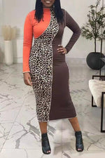 Chic O Neck Leopard Stitch Midi Dress