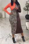 Chic O Neck Leopard Stitch Midi Dress