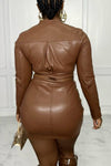 Stylish PU Zip Collar Jacket & Skirt Set