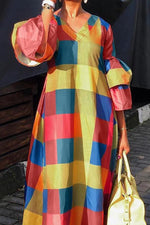 Multicolor Plaid Ruffle Sleeve Maxi Dress