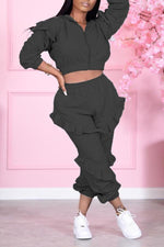Solid Hooded Agaric Lace Zipper Plus Size Pants Set