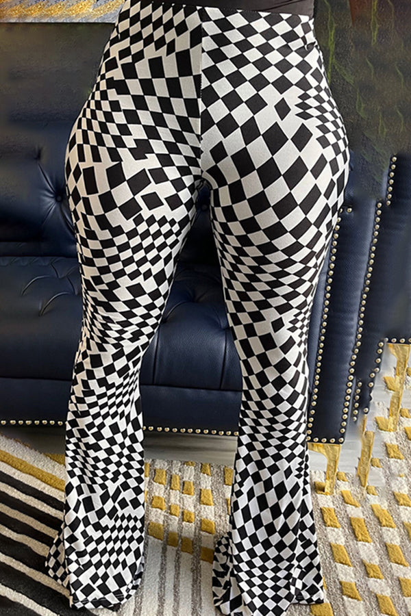 High Waist Checkerboard Print Flared Pants
