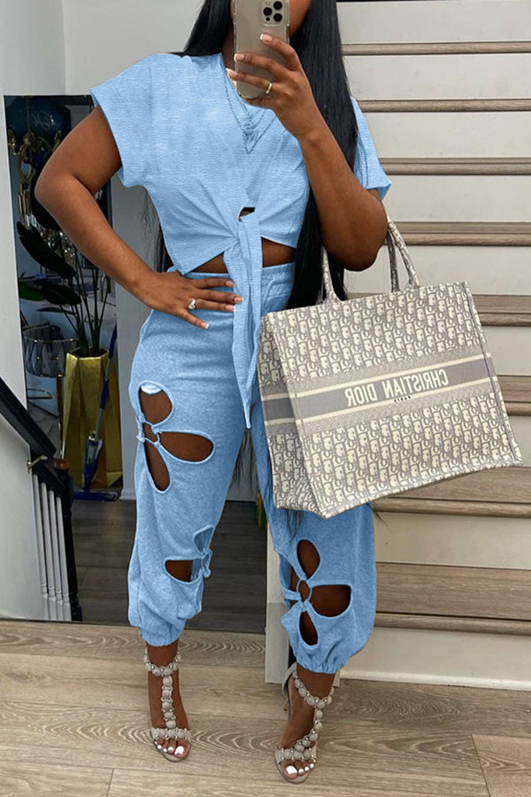 Solid Flower Hollow Out Casual Plus Size Pants Set